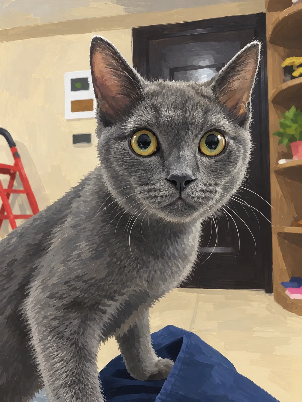 到家一个月，灰猫正面脸部与双耳的奶油水粉艺术示例