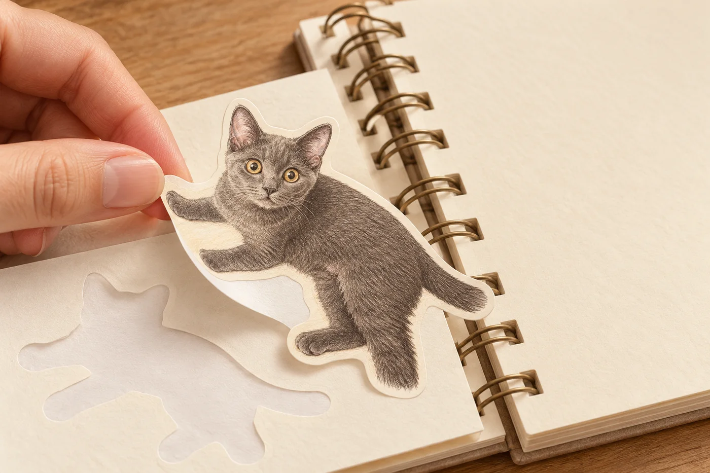 手指轻轻揭起同猫彩铅贴纸的白边，准备贴进暖白成长手账的设计预览
